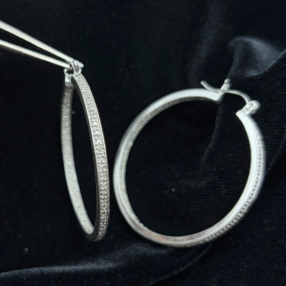 Diamond Silver Hoop Earrings - Picture 3 of 4